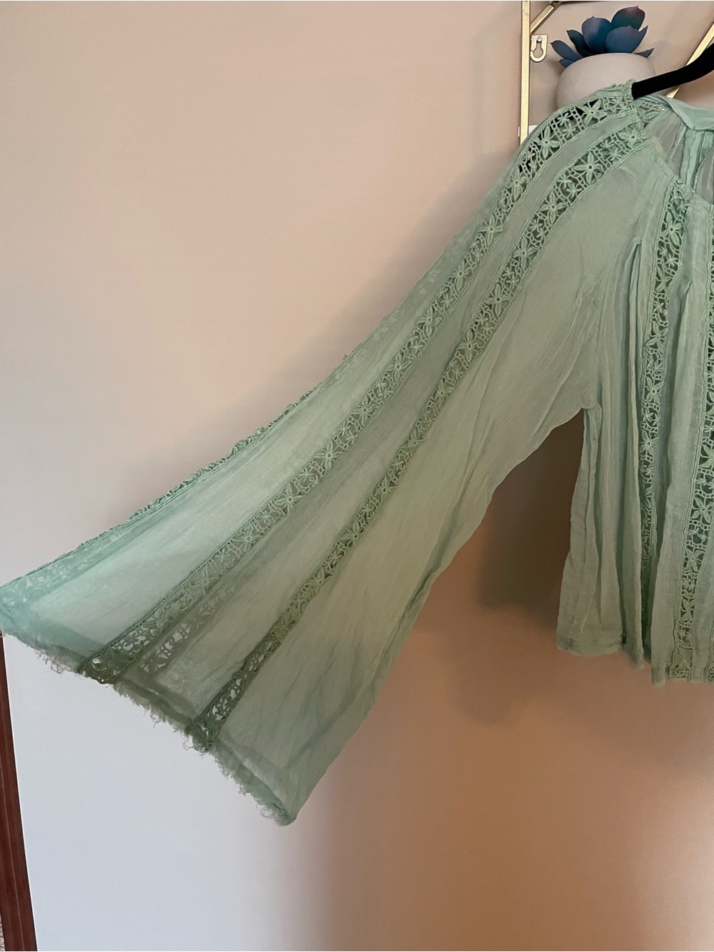 Free People Boho Lace-Trim Mint Green Women's Blouse - Picture 5 of 6
